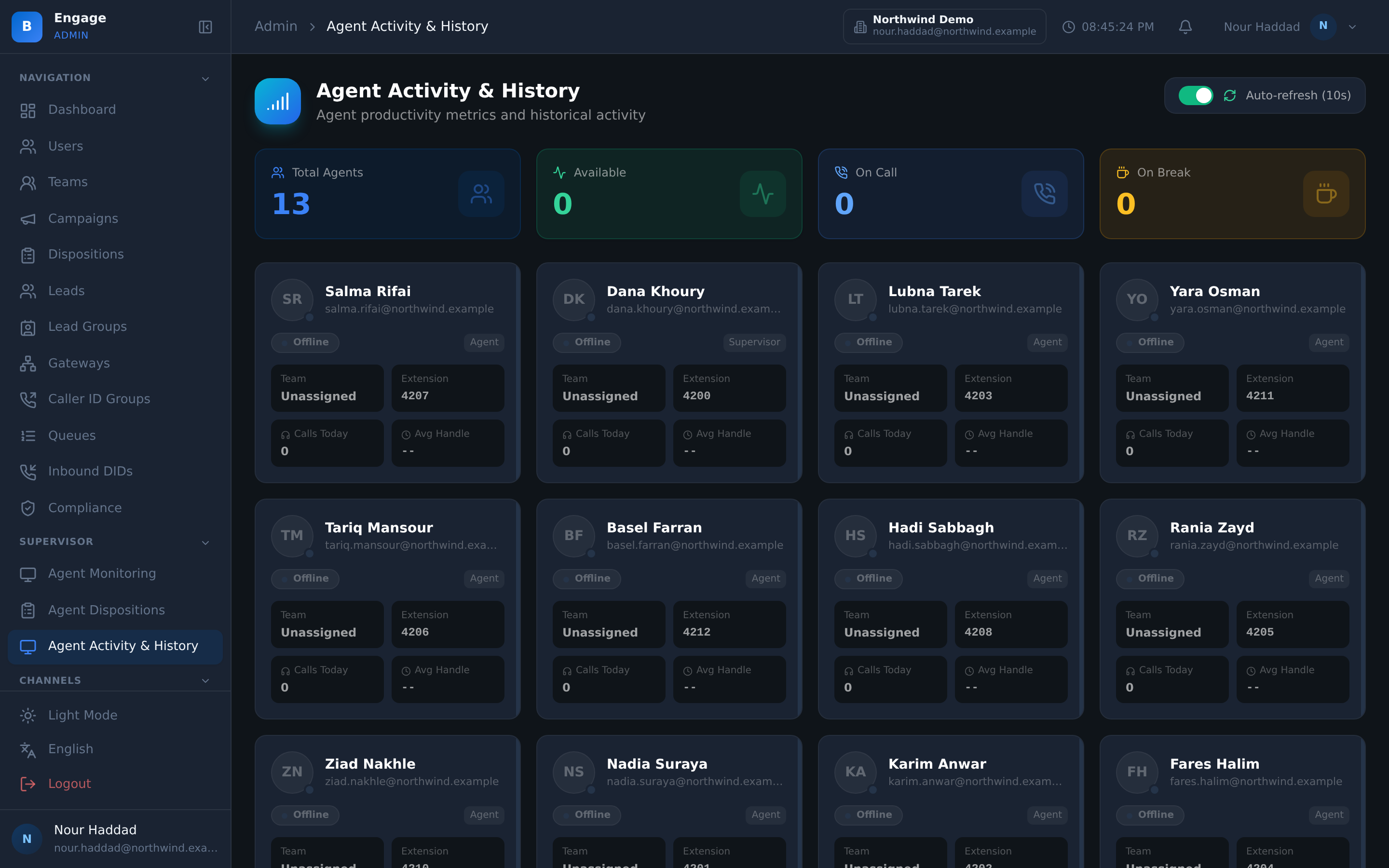 The agent activity view in DialerBee for a demo tenant: the agent totals by state above, and a card per agent showing their role, their team, their extension, their calls today and their average handle time