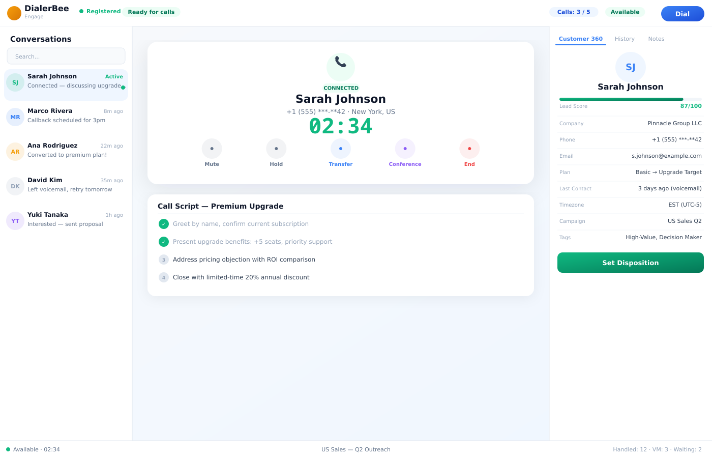 DialerBee Agent Desktop — browser-based three-column workspace with WebRTC softphone, CRM iframe, and disposition panel