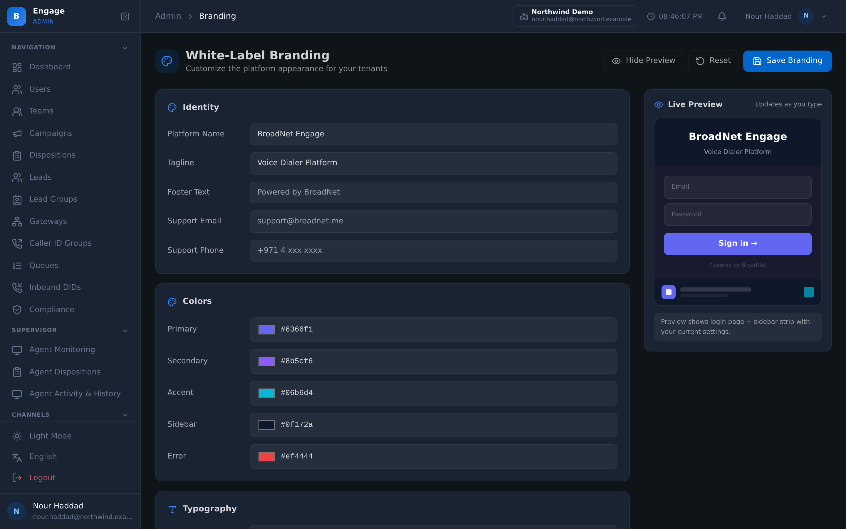 The white-label branding page in DialerBee: the platform name, tagline, footer text and support details on the left with the colour scale beneath them, and a live preview of the tenant's login screen on the right