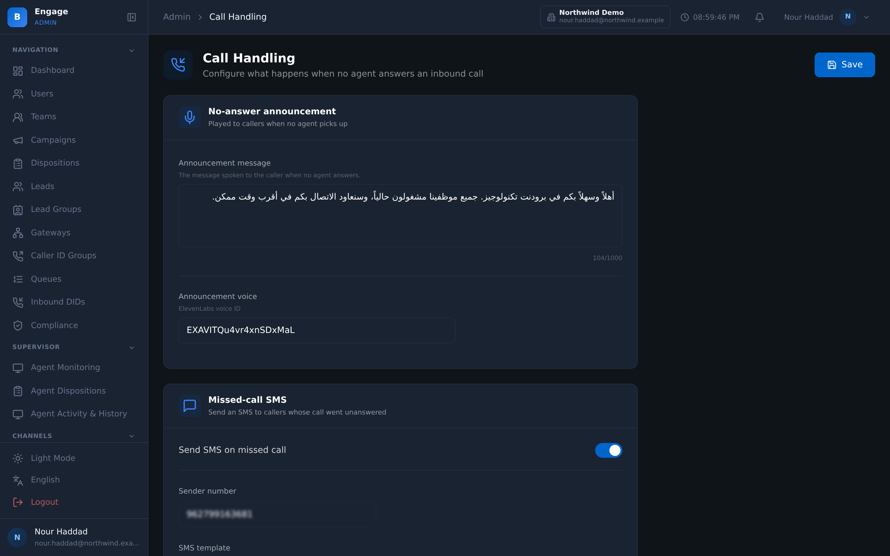 The call handling settings in DialerBee for a demo tenant: the no-answer announcement written in Arabic with the voice that speaks it, and the missed-call SMS fallback with its sender number and message template