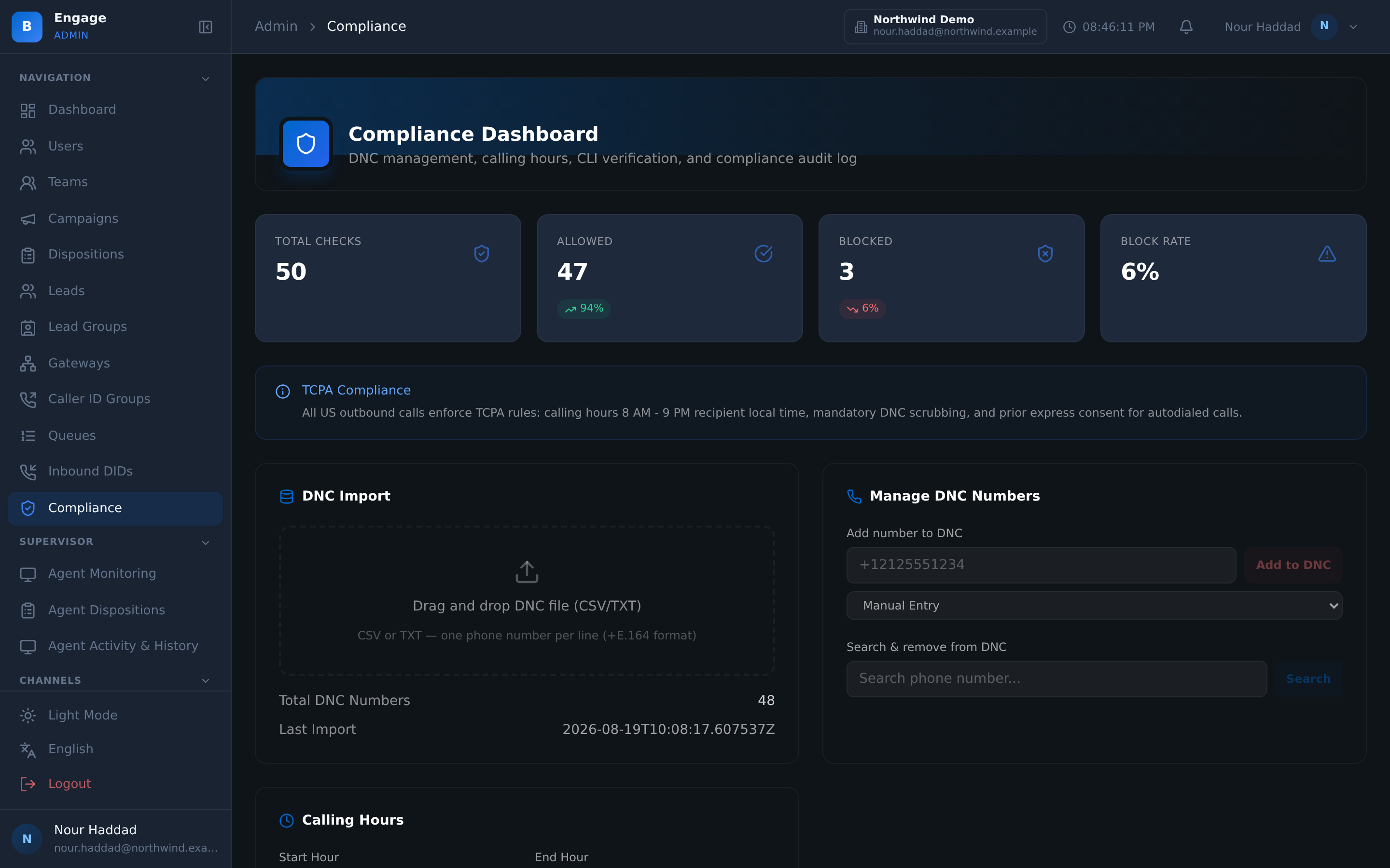 The compliance dashboard in DialerBee for a demo tenant: the checks run with how many were allowed and blocked, the TCPA calling-hours note, the do-not-call import with the numbers already held, and the search that removes a number from the DNC list