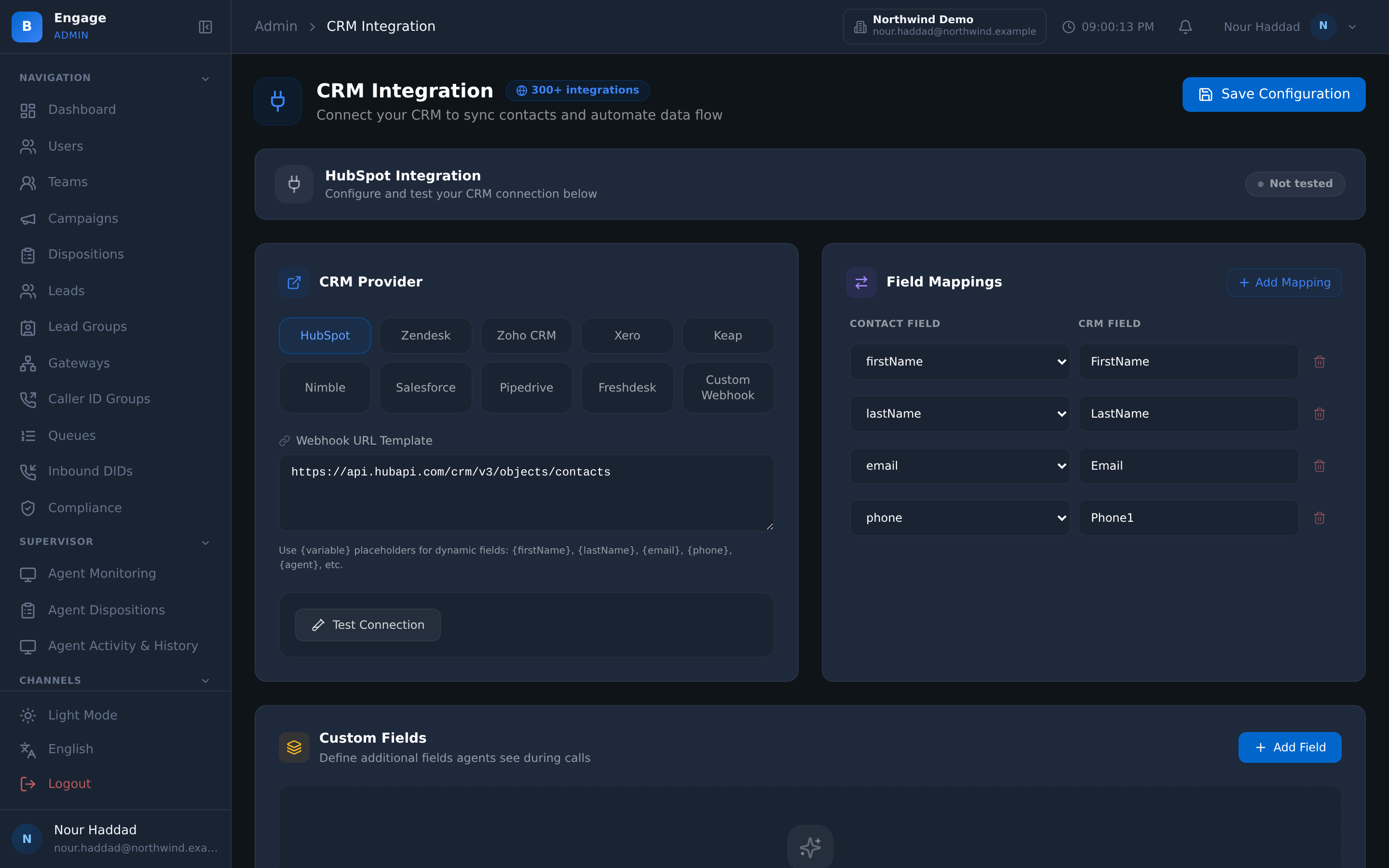 The CRM integration screen in DialerBee: HubSpot chosen from the provider list with the webhook URL template it posts to and a test-connection action, and the contact fields mapped to their CRM equivalents beside it
