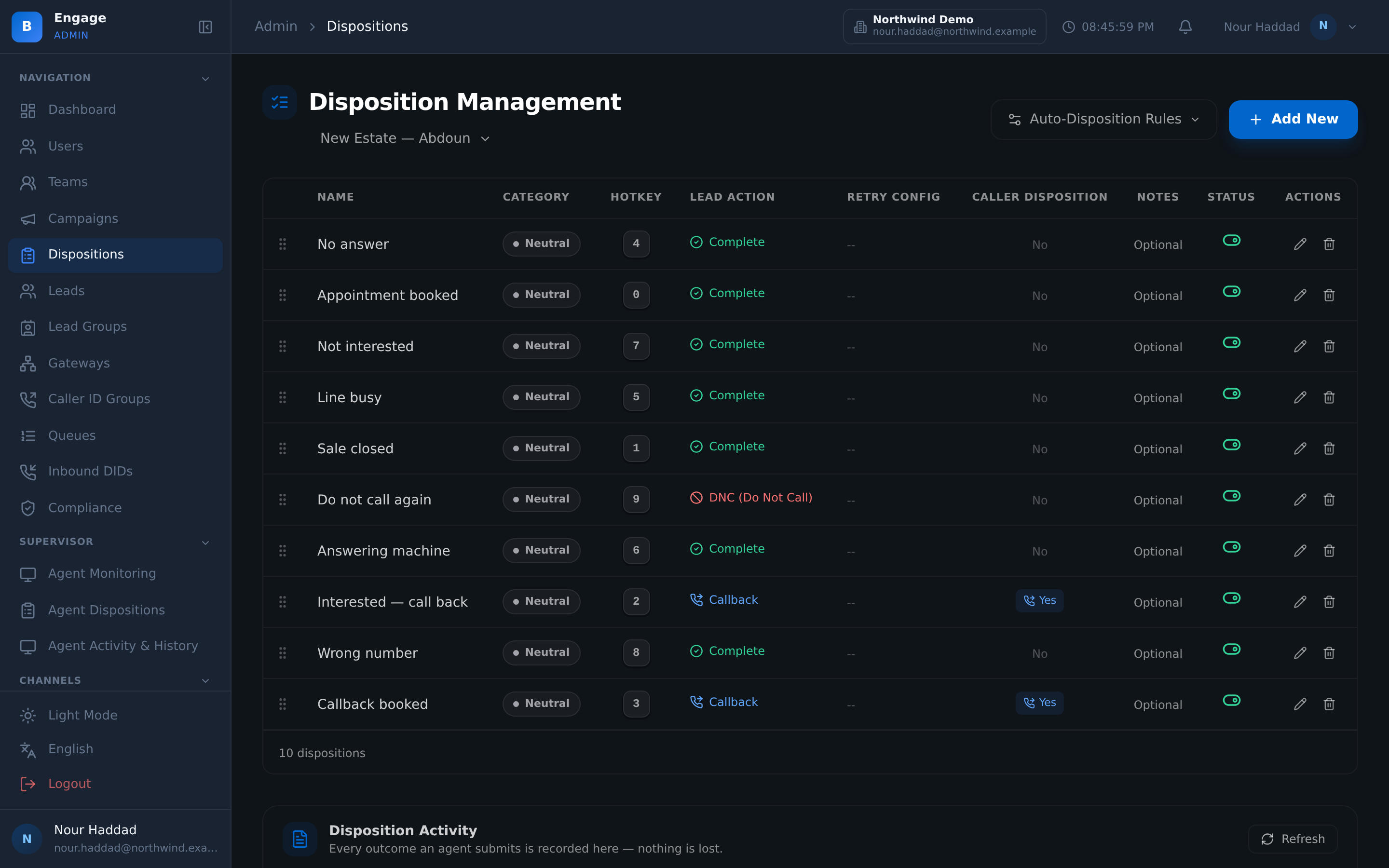 The disposition code editor in DialerBee: ten codes for a demo tenant, each with its category, its hotkey, the lead action it triggers, its retry configuration and whether it sets a caller disposition, with auto-disposition rules above and the disposition activity log below
