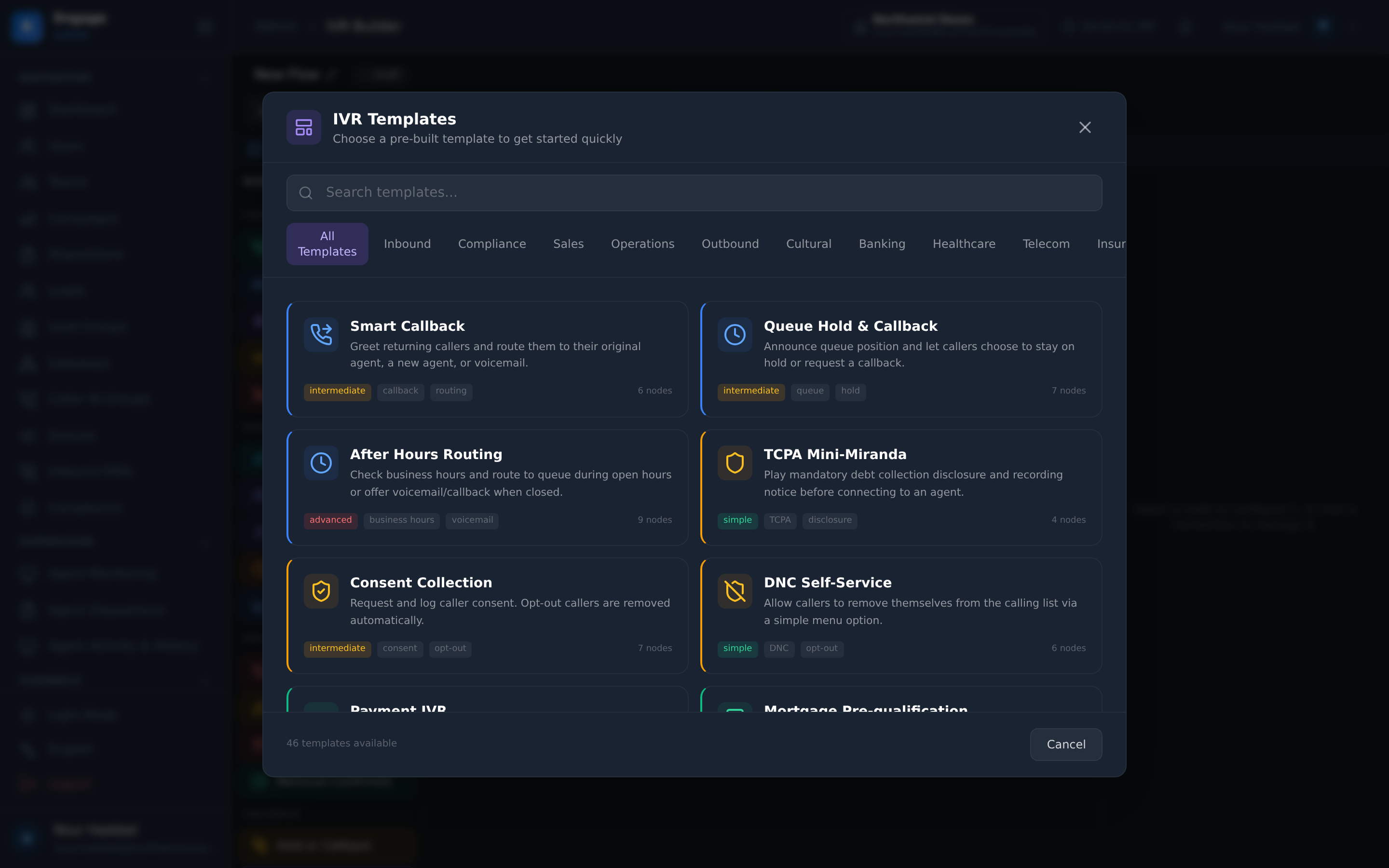 The IVR template gallery in the DialerBee flow builder: 46 pre-built flows grouped by category — inbound, compliance, sales, operations and more — each with its difficulty, its tags and the number of nodes it contains, over the node palette of the builder itself