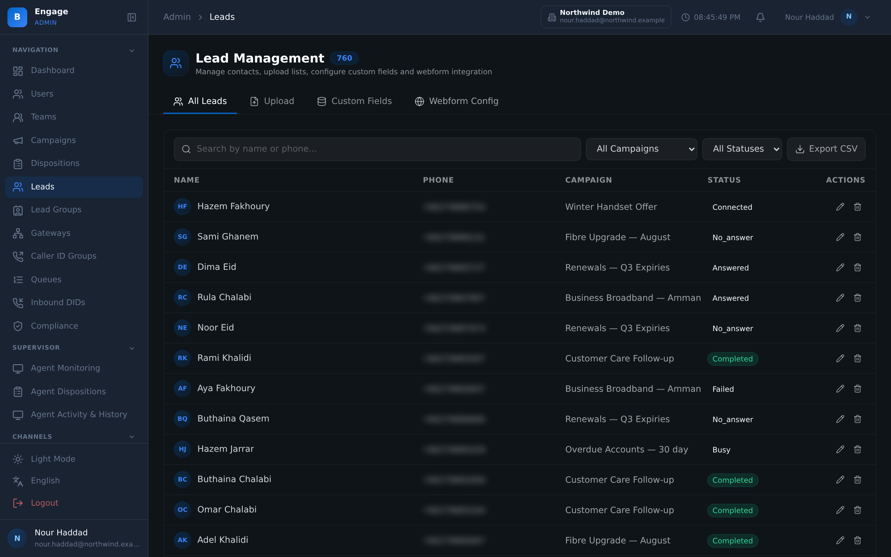 The DialerBee leads table for a demo tenant: 760 contacts, a row per lead with its campaign, its contact status and its row actions, above the campaign and status filters, the search box and a CSV export