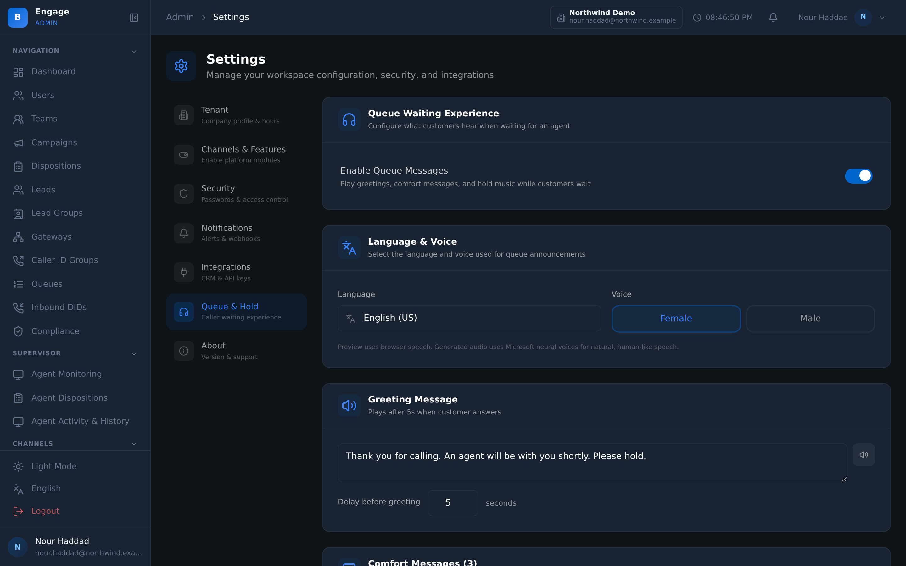 The queue waiting experience settings in DialerBee: queue messages enabled, the language and voice used for announcements, the greeting played five seconds after the customer answers, and the comfort messages that follow it