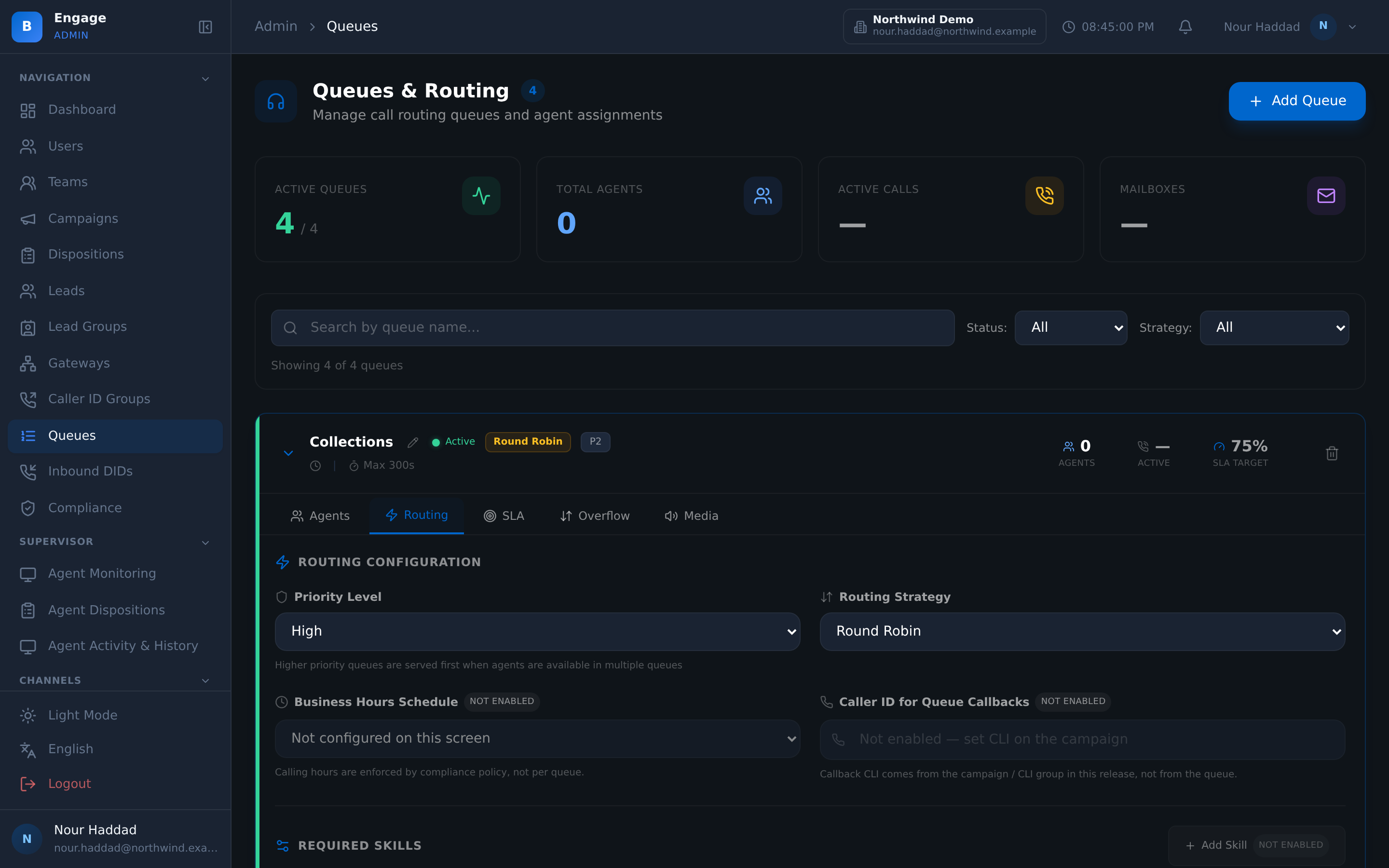 A queue's routing settings in DialerBee: the Agents, Routing, SLA, Overflow and Media tabs open on the Collections queue, with its priority level, its routing strategy, its business-hours schedule, the caller ID used for queue callbacks and the skills it requires