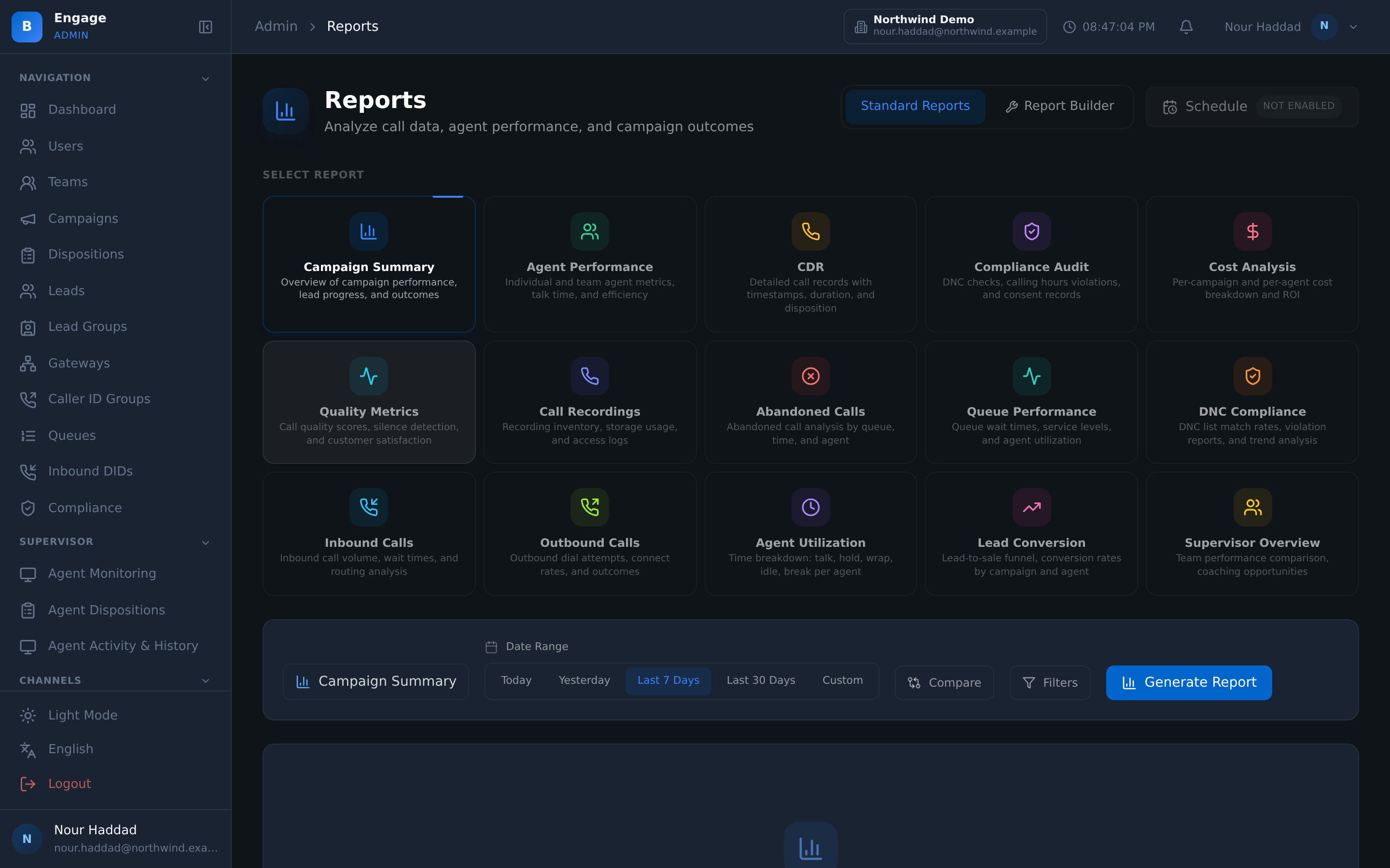 The reports screen in the DialerBee admin console for the Northwind Demo tenant: fifteen standard report cards covering campaign summary, agent performance, CDR, compliance audit, cost analysis, quality metrics, call recordings, abandoned calls, queue performance, DNC compliance, inbound and outbound calls, agent utilization, lead conversion and supervisor overview, above a date-range selector and a generate report button