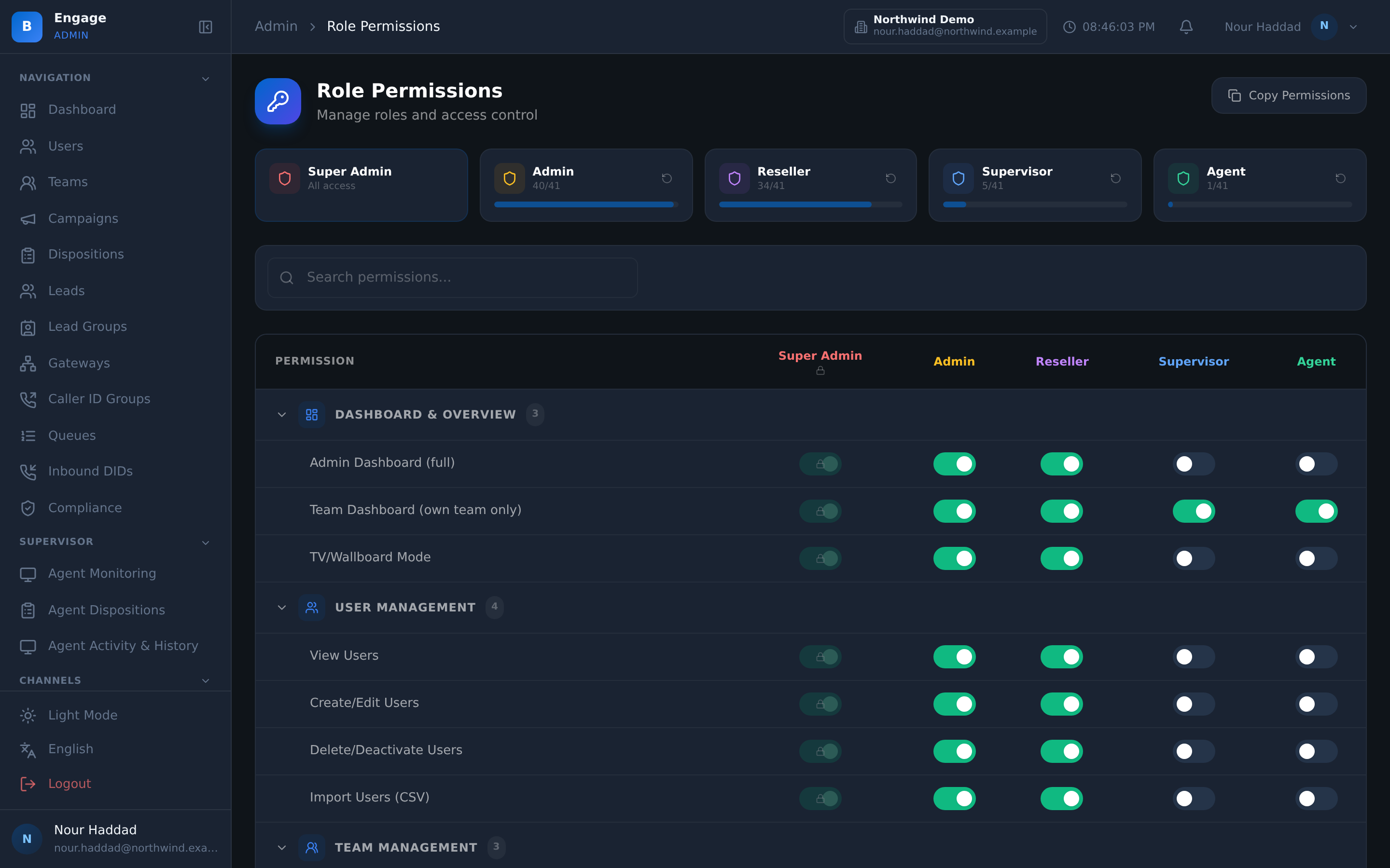 The DialerBee role and permissions matrix for a demo tenant: Super Admin, Admin, Reseller, Supervisor and Agent across the top with how many of the 41 permissions each role holds, and the permission categories down the left expanded into individual toggles