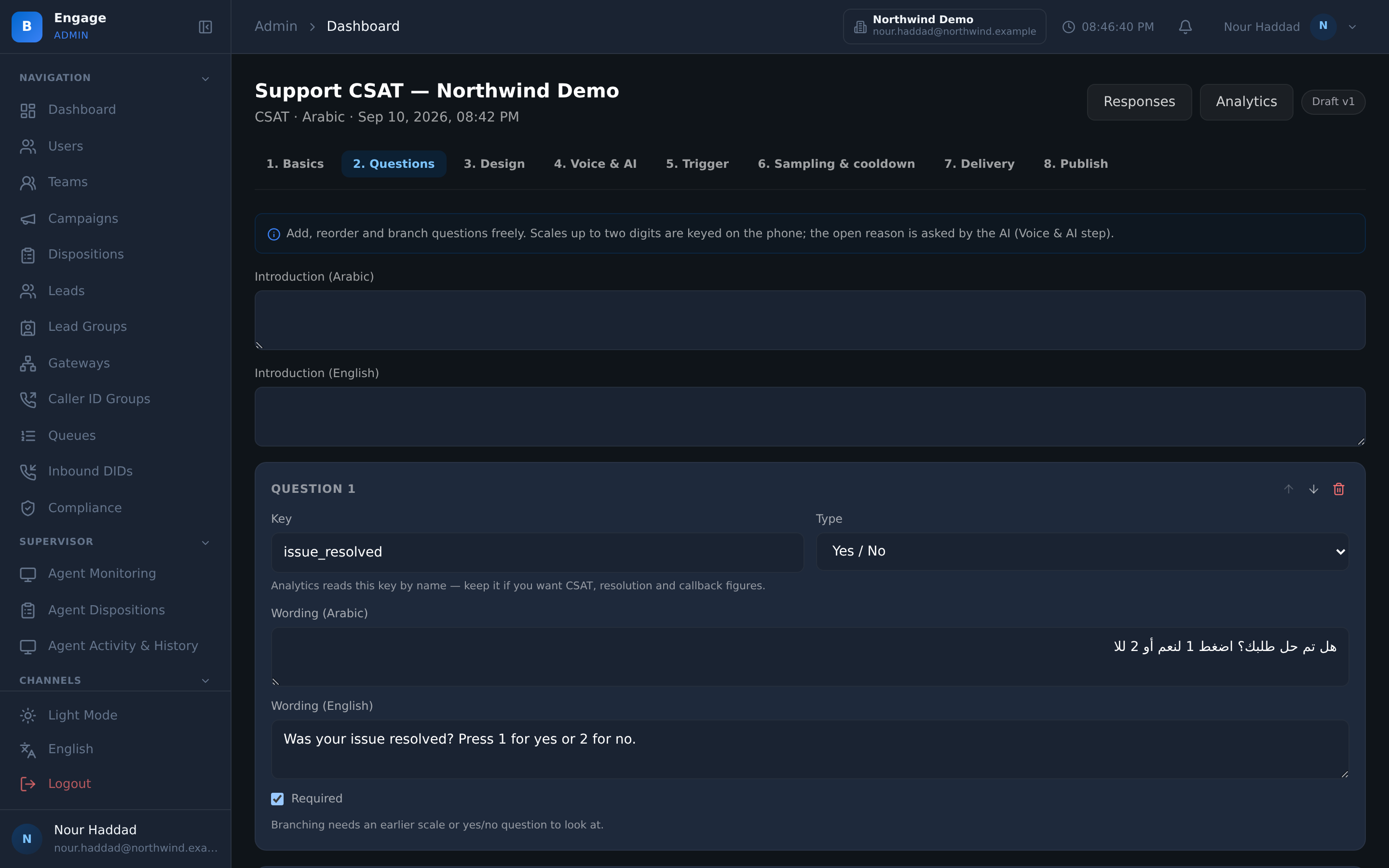 The DialerBee survey builder for a demo tenant: the eight steps from basics through to publish, the survey's introduction in Arabic and in English, and the first question with its analytics key, its type and its wording in both languages